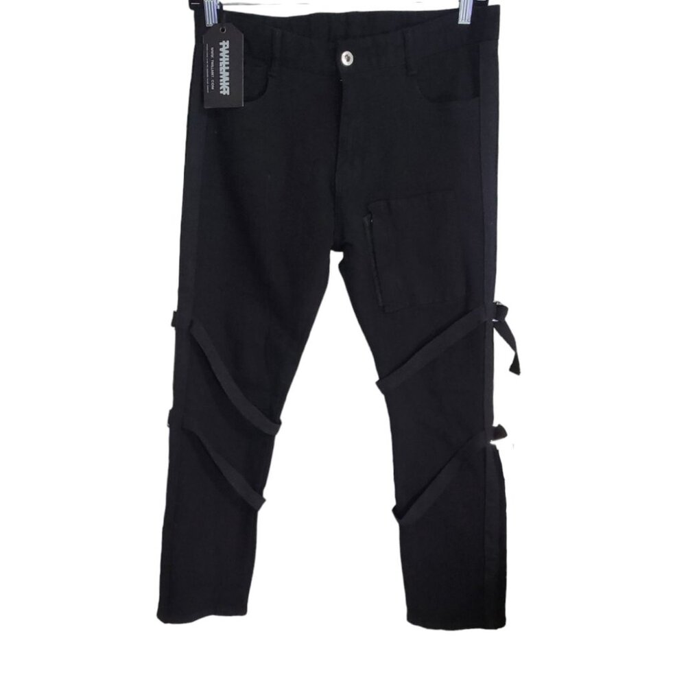 TwillMkt Black Pants Buckle Straps Flat Front Zipped Hem Size 32 NWT - Picture 2 of 11
